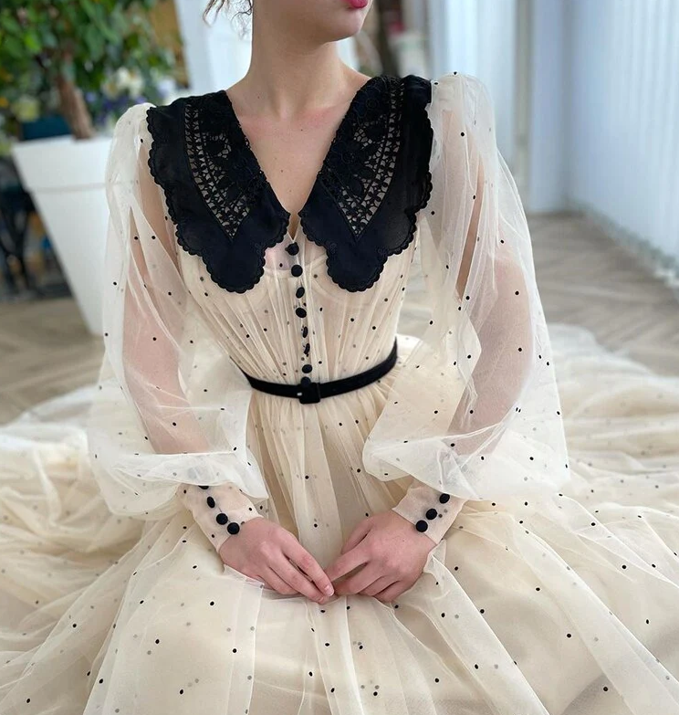 New Arrival Champagne V-Neck Long Puff Sleeves Dot Tulle Prom Dress Elegant A-Line Tea Length Evening Dress - Fashionpara