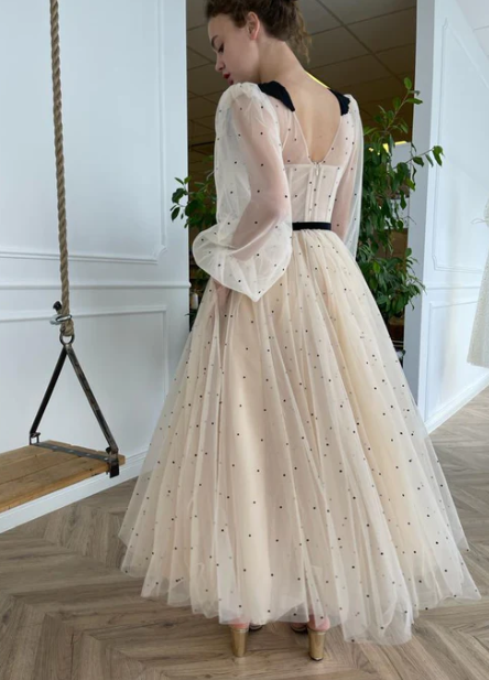 New Arrival Champagne V-Neck Long Puff Sleeves Dot Tulle Prom Dress Elegant A-Line Tea Length Evening Dress - Fashionpara