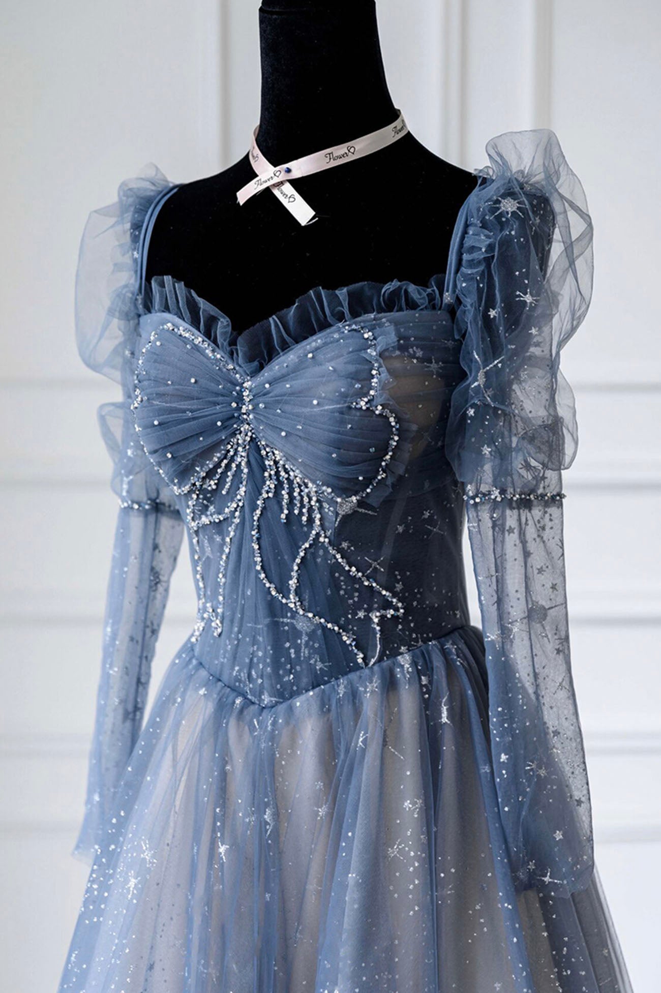 BLUE TULLE BEADS LONG PROM DRESS BLUE EVENING DRESS - Fashionpara