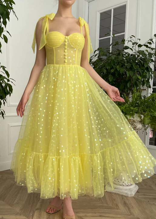 Yellow sweetheart neck tulle short prom dress, yellow evening dress - Fashionpara