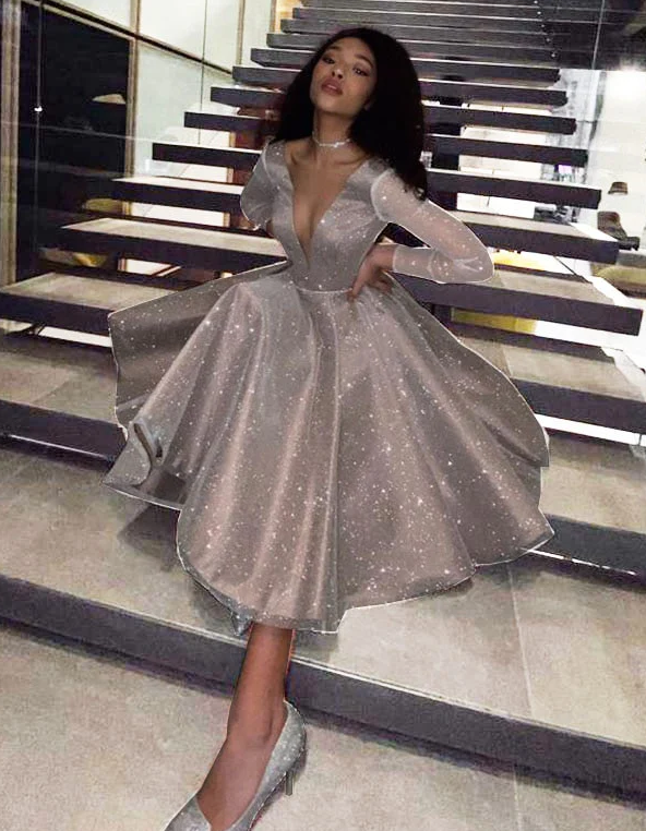 V- NECK LONG SLEEVES MEDIUM LENGTH WEDDING PARTY DRESS PROM GOWNS - Fashionpara