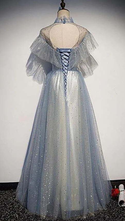 Pretty Light Blue Sparkly Long Elegant Princess Dress Prom Dress - Fashionpara