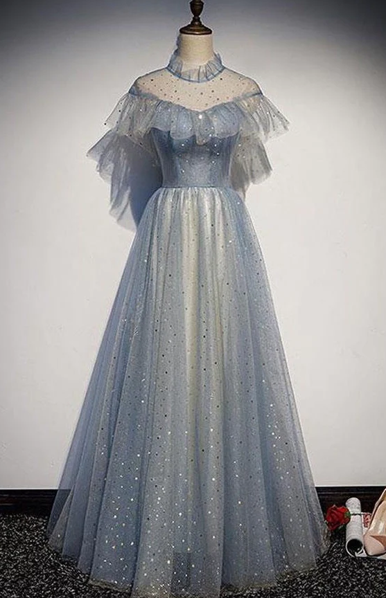 Pretty Light Blue Sparkly Long Elegant Princess Dress Prom Dress - Fashionpara