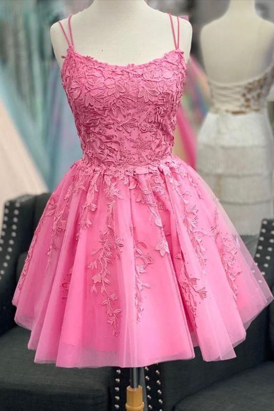 A-line hot pink lace appliqued short homecoming dress 16st birthday dress - Fashionpara
