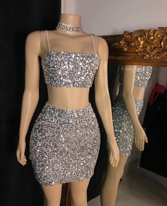 Glitter Shinny Evening Dresses Short 2 Piece Silver Mermaid Sexy Formal Dresses Short Prom Dress - Fashionpara