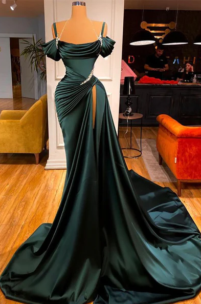 STUNNING OFF-THE-SHOULDER MERMAID PROM DRESS RUFFLES WITH HIGH SPLIT - Fashionpara