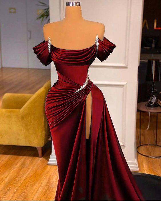 STUNNING OFF-THE-SHOULDER MERMAID PROM DRESS RUFFLES WITH HIGH SPLIT - Fashionpara