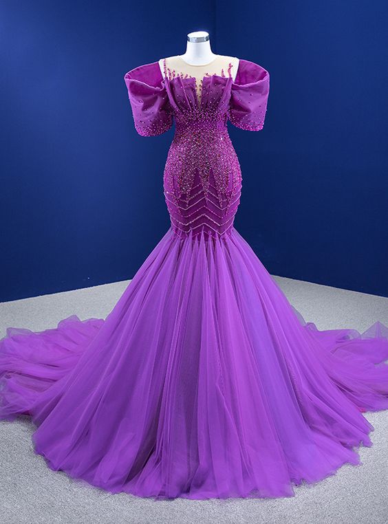 Purple Mermaid Tulle Beading Pearls Prom Dress - Fashionpara