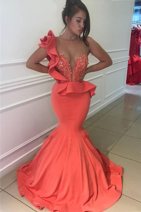 2023 Sexy Mermaid Prom Dresses Satin Coral One Shoulder Beaded Sweetheart Ruffles - Fashionpara