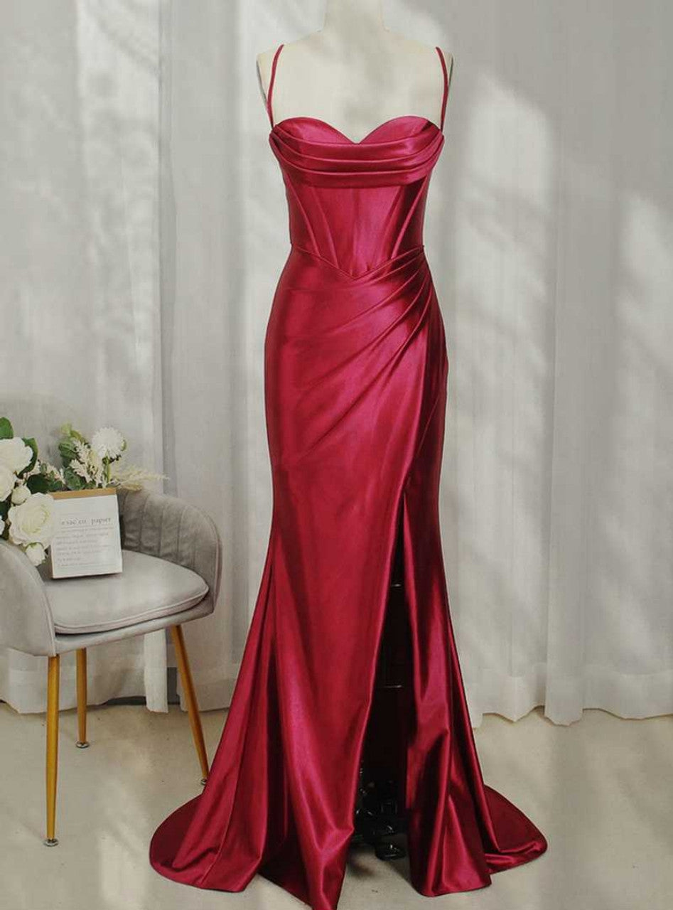 Burgundy Long Prom Dress with High Slit,Formal Graduation Evening Dresses - Fashionpara