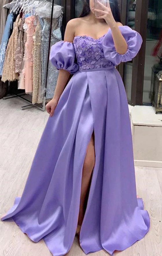 Removable Sleeves Lavender Lace Long Prom Dresses with High Slit, Lavender Lace Formal Dresses, Purple Evening Dresses - Fashionpara