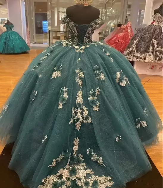 Dark Green Quinceanera Dresses 2022 Off the Shoulder Princess Pageant Ball Gown Flowers Beads Sweet 16 Floor Length Corset Back Birthday Party Wear - Fashionpara