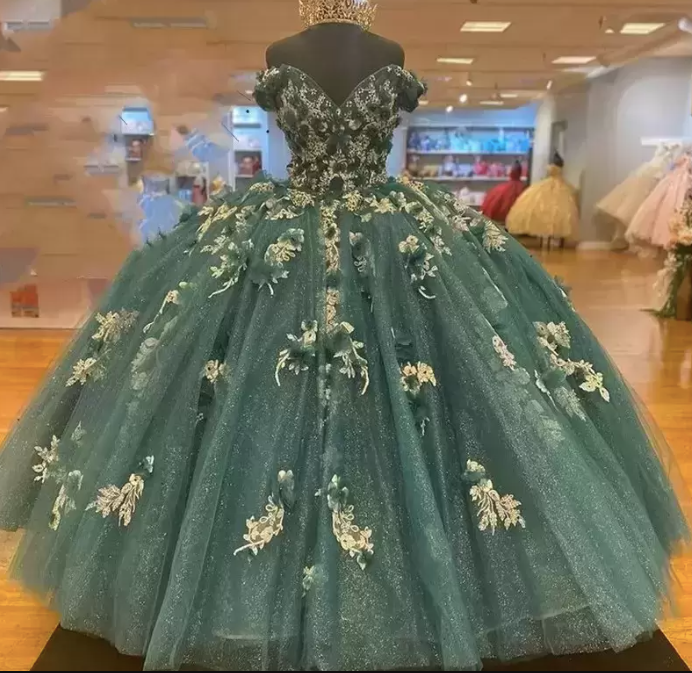 Dark Green Quinceanera Dresses 2022 Off the Shoulder Princess Pageant Ball Gown Flowers Beads Sweet 16 Floor Length Corset Back Birthday Party Wear - Fashionpara