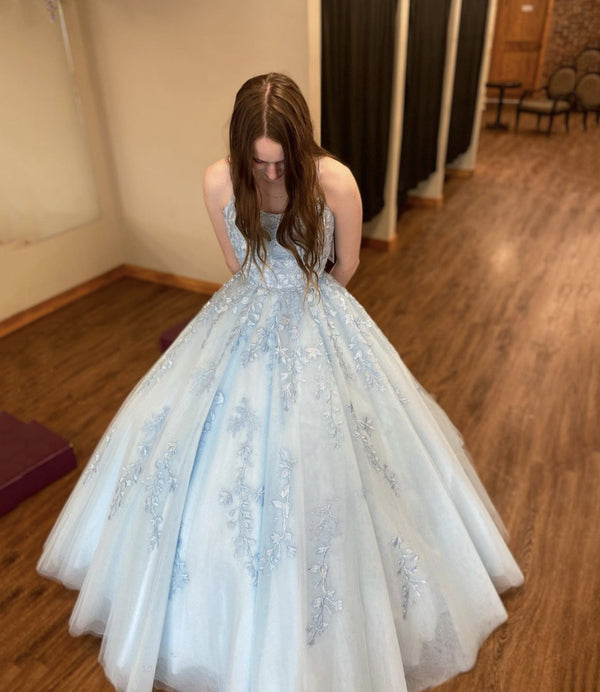 Blue lace long A line blue prom dress blue evening dress - Fashionpara