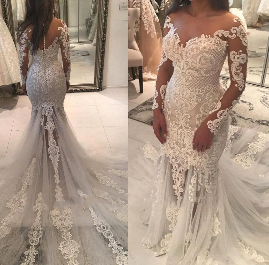 Sexy Sheath Long Sleeves With Appliques Off Shoulder Wedding Dresses / Bridal Gowns - Fashionpara