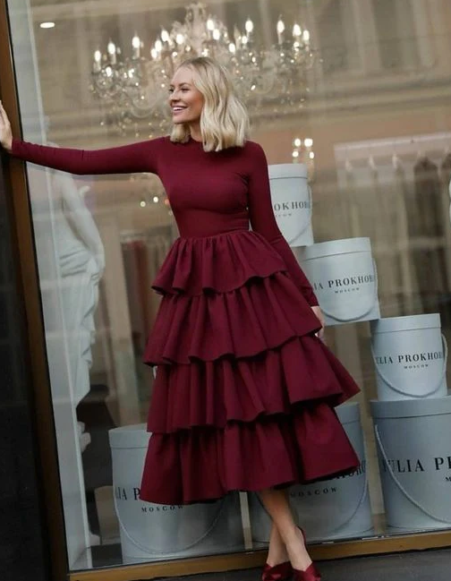 Burgundy Long Sleeves Prom Dress with Layered Skirt - Fashionpara