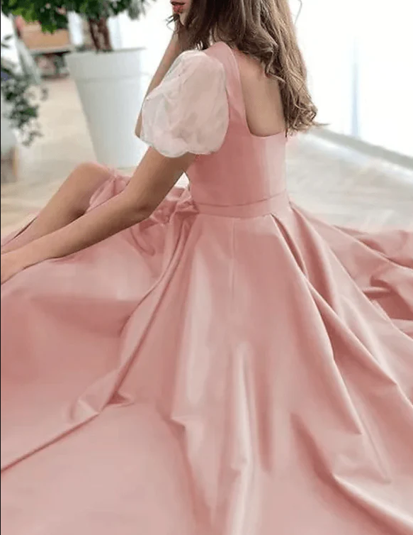 A-Line Elegant Vintage Engagement Pink Prom Dress Scoop Neck Short Sleeve Sweep / Brush Train Satin with Pleats Split - Fashionpara