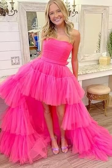 Hot Pink Strapless High Low Formal Gown,Tulle Prom Evening Dresses - Fashionpara