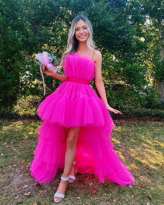 Hot Pink Strapless High Low Formal Gown,Tulle Prom Evening Dresses - Fashionpara