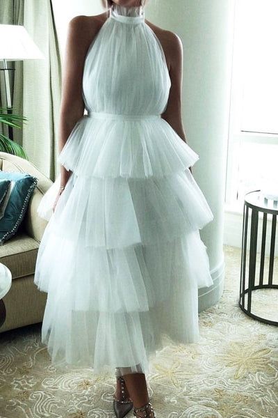 White High Neck Tea Length Sleeveless Backless Cascading Ruffles Tulle Prom Dress - Fashionpara