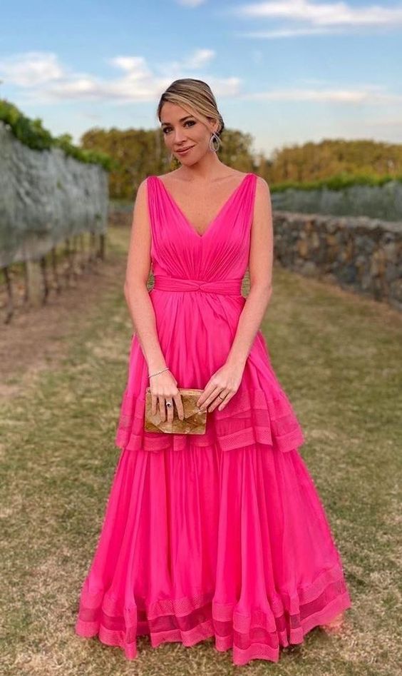 Pink Prom Dress, A-Line Prom Gown, Chiffon Evening Dress, V-Neck Prom Gown - Fashionpara
