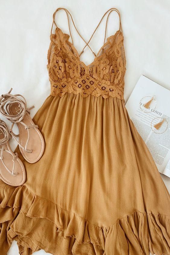 Golden Yellow Lace homecoming Dress - Fashionpara