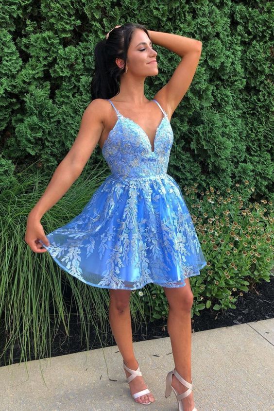 Lace-Up Sequined Sky Blue Homecoming Dress with Flowers - Fashionpara