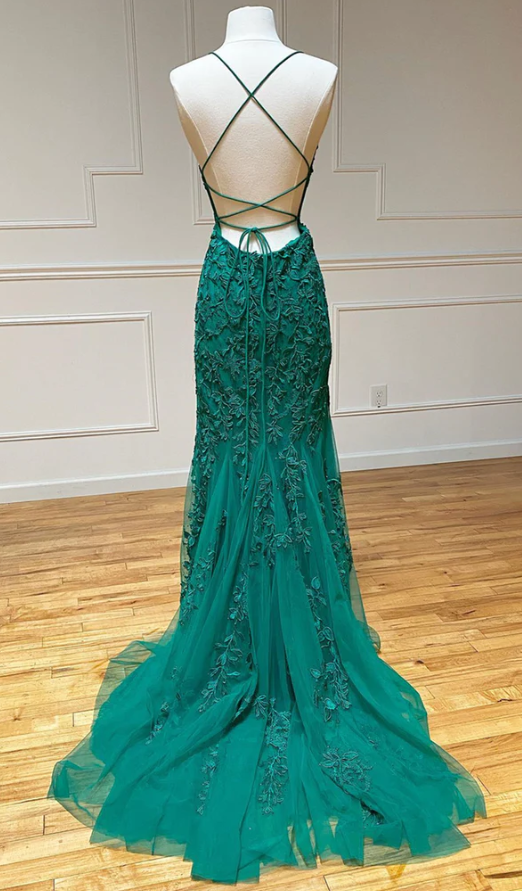 Open Back Green Mermaid Lace Prom Dresses, Backless Green Mermaid Lace Formal Evening Dresses - Fashionpara