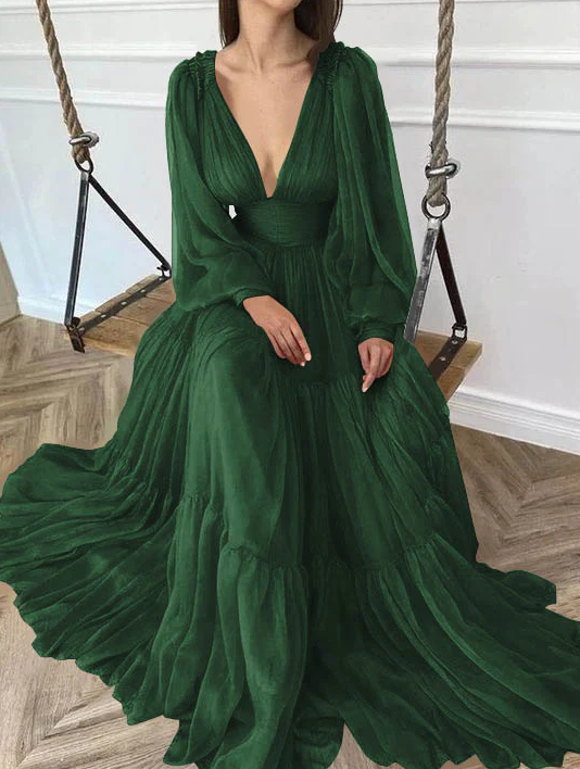 A-Line V-neck Ruffles Sweep Train Chiffon Party Prom Dresses - Fashionpara