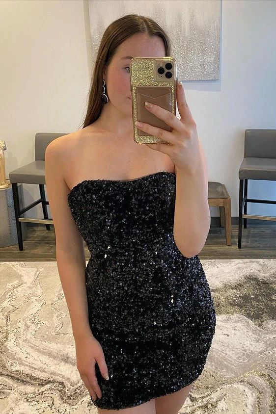 Black Beautiful Strapless Sequins Short Homecoming Dress - Fashionpara