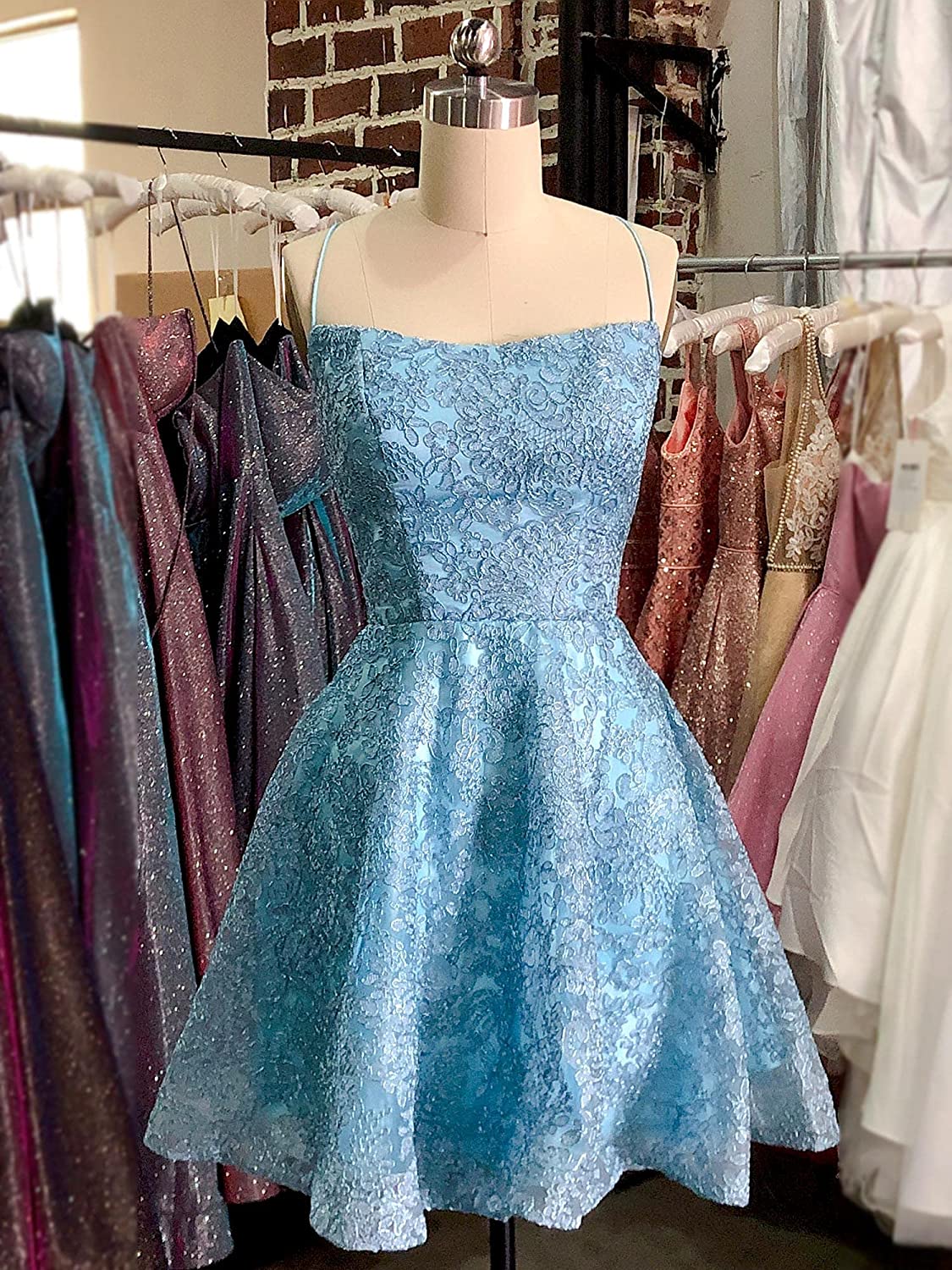 Blue spaghetti straps mini homecoming dress lace party gown - Fashionpara