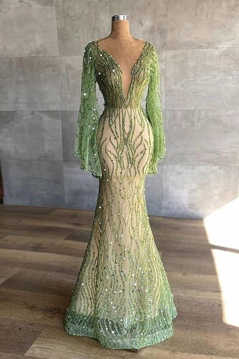 Sexy Deep V Neck Green Prom Dress 2022 Full Sleeve Crystals Sequined Mermaid Fashion Evening Gown - Fashionpara