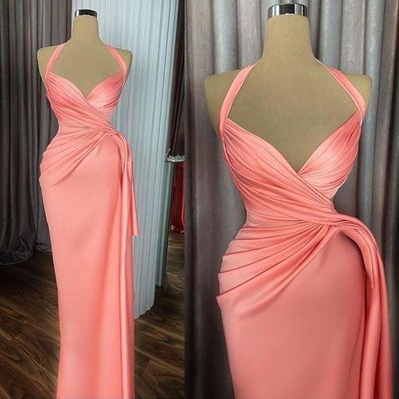 Peach prom dresses, pleats prom dresses, halter prom dresses, satin evening dresses, new arrival prom dresses - Fashionpara