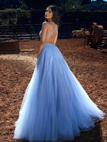 BLUE HALTER BEADINGS LONG PROM DRESS TULLE EVENING PARTY GOWNS - Fashionpara