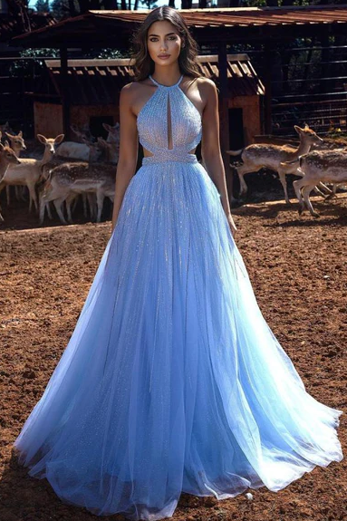 BLUE HALTER BEADINGS LONG PROM DRESS TULLE EVENING PARTY GOWNS - Fashionpara