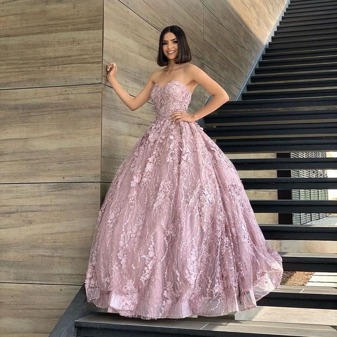 Sweetheart Ball Gown, Long Prom Dress, Pink Prom dress - Fashionpara