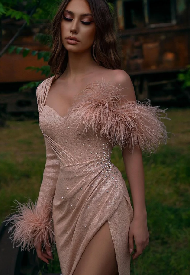 Blush Pink One Shoulder Long Sleeves Sequined Prom Dress High Slit Feather Evening Dress - Fashionpara