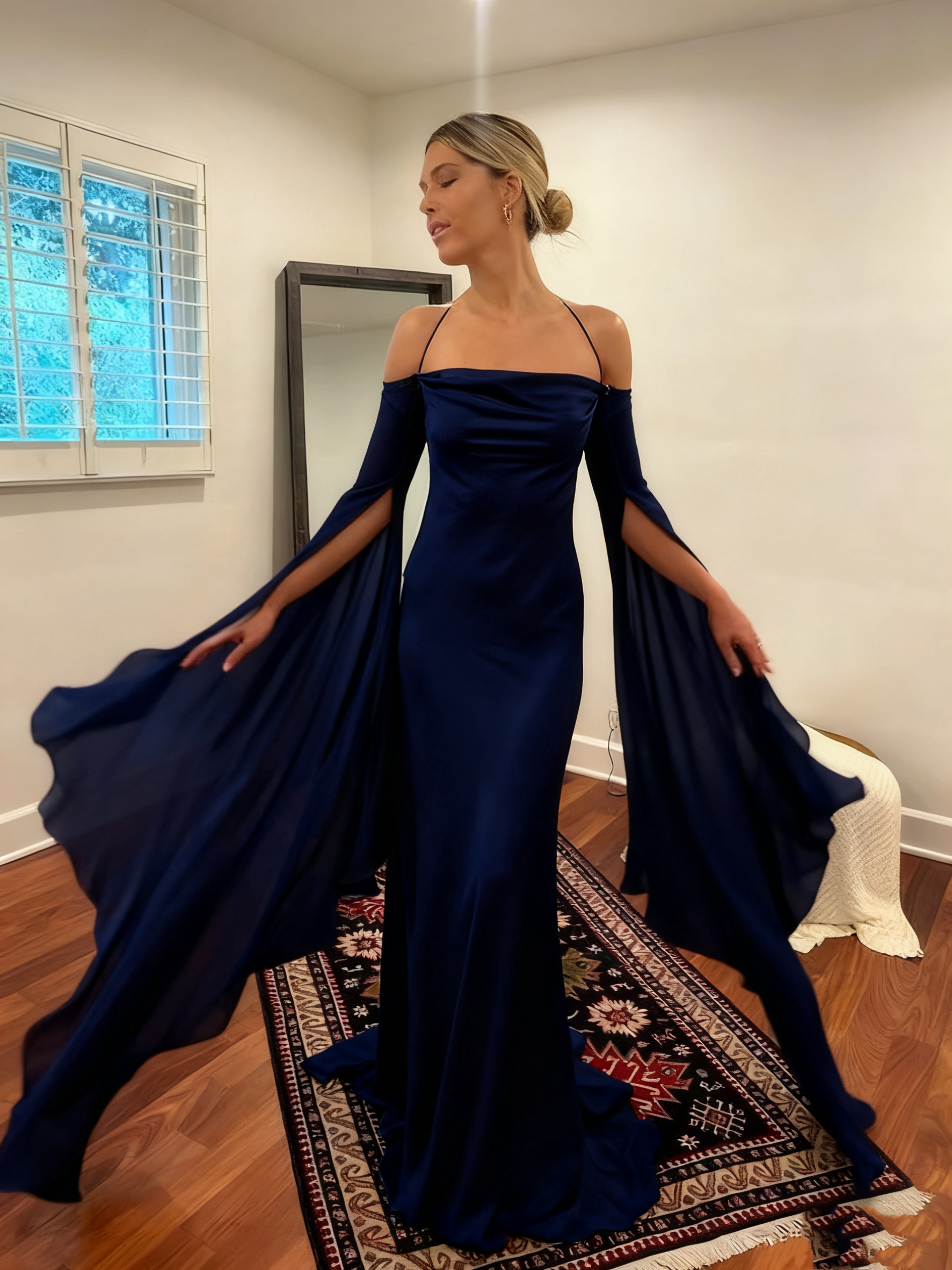 Wedding Dresses Soft Satin Long Floor Length Open Back Simple Bridal Gown With Detachable Flare Sleeves