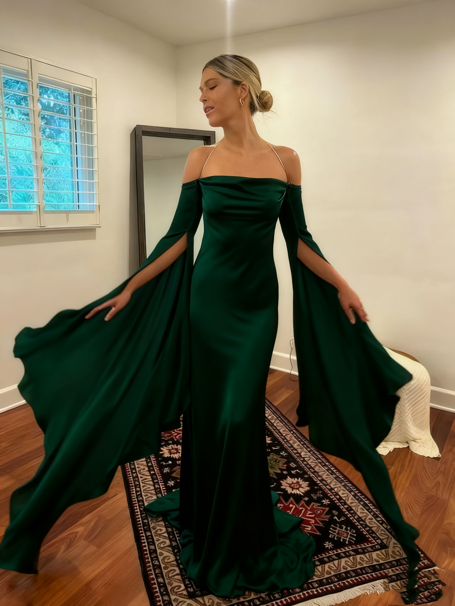 Wedding Dresses Soft Satin Long Floor Length Open Back Simple Bridal Gown With Detachable Flare Sleeves