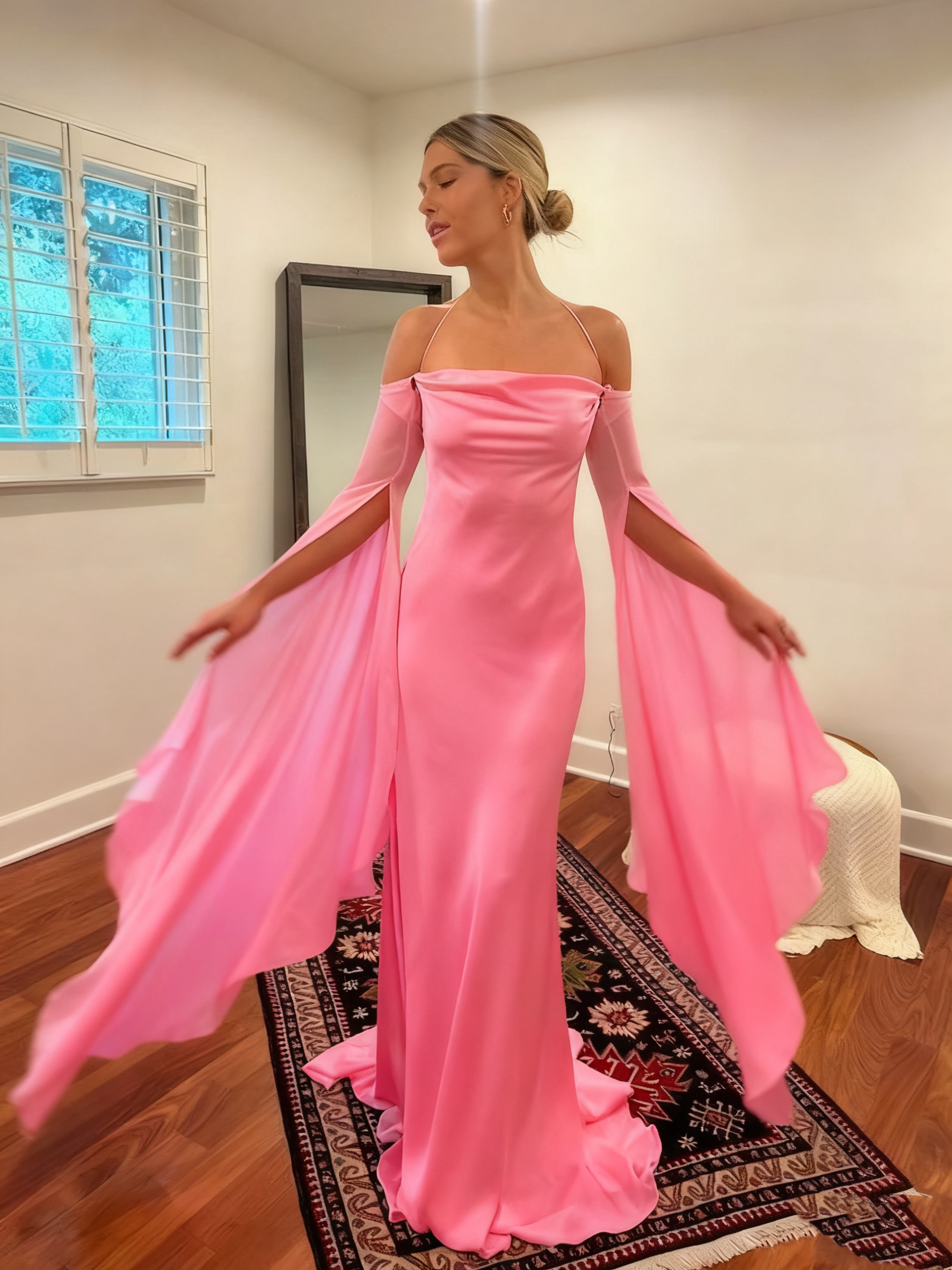 Wedding Dresses Soft Satin Long Floor Length Open Back Simple Bridal Gown With Detachable Flare Sleeves