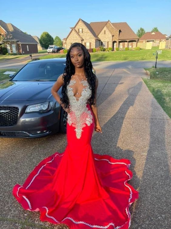 Red Evening Dress Custom Made Black Girl Mermaid Prom Gowns - Fashionpara