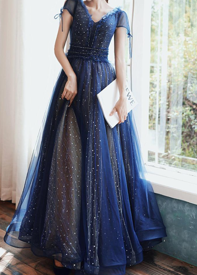 Stars Moon Sequins Prom Dress Navy Blue Long Evening Dress V Neck Banquet Dress Short Sleeve Girls Party Dress Graduation Dress - Fashionpara