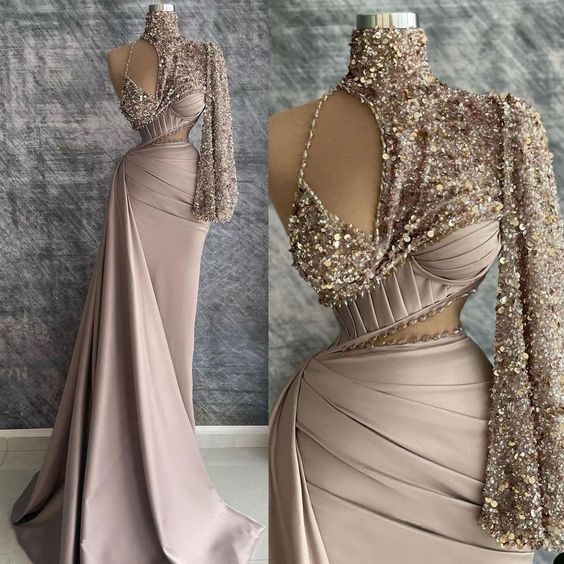 Champagne prom dresses, beaded prom dresses, pleats prom dresses, high neck evening dresses, sequins prom dresses, pearls prom dresses - Fashionpara