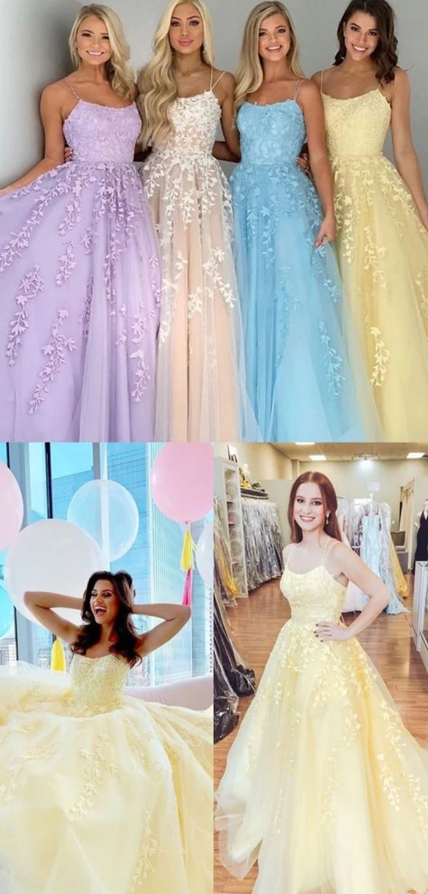 Spaghetti straps tulle prom dresses applique evening gown long party dress - Fashionpara