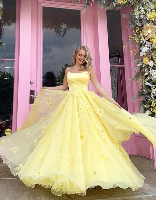 Straps Tulle Bodice 3D Flowers With Back Lace Up Yellow Long Prom Dress - Fashionpara