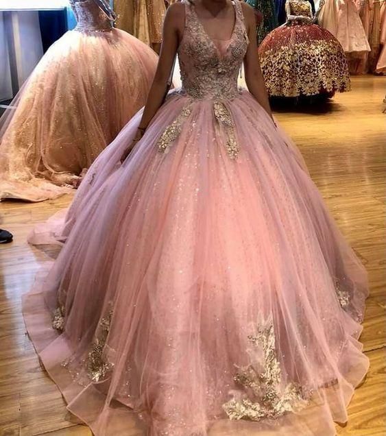 Pink tulle long prom dress bal gown evening dress - Fashionpara