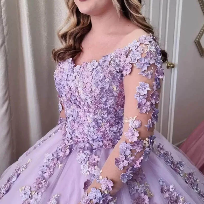 Lilac Ball Gown 3D Floral Lace Applique Long Sleeve Special Occasion Dress Sweet 16 Dress - Fashionpara