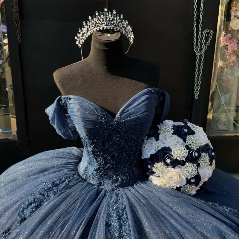 Sweet 16 Birthday Party Dresses Navy Blue Off-Shoulder Lace Appliqued Tulle Ball Gown for Birthday Celebration Sweet 15 Mexican Dresses - Fashionpara