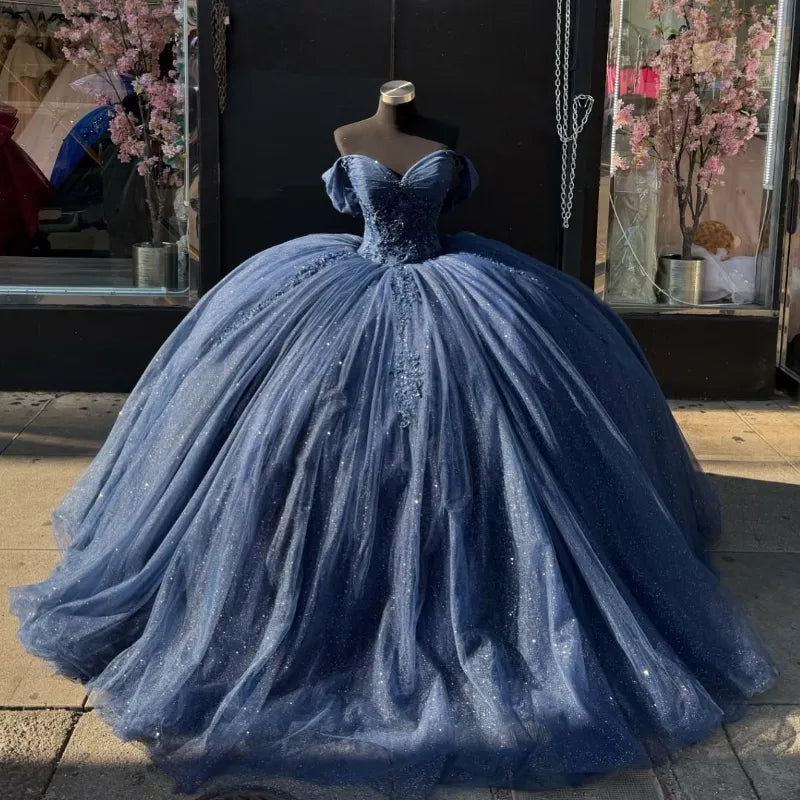 Sweet 16 Birthday Party Dresses Navy Blue Off-Shoulder Lace Appliqued Tulle Ball Gown for Birthday Celebration Sweet 15 Mexican Dresses - Fashionpara