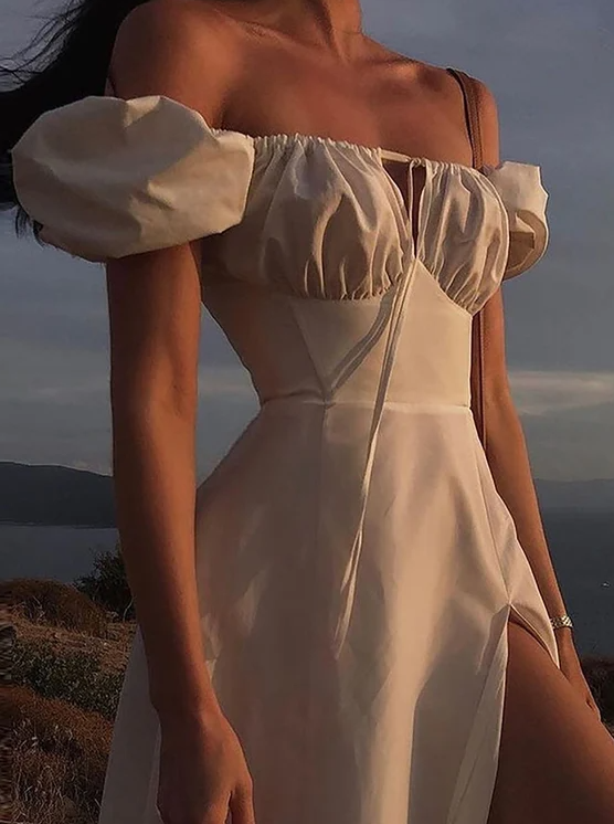 Off Shoulder Puff Sleevers Dress Long Prom Dresses - Fashionpara